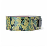 2nd image of camo Weightlifting Belt on display with black lever buckle | Powerlifting belt featuring adjustable lever buckle.