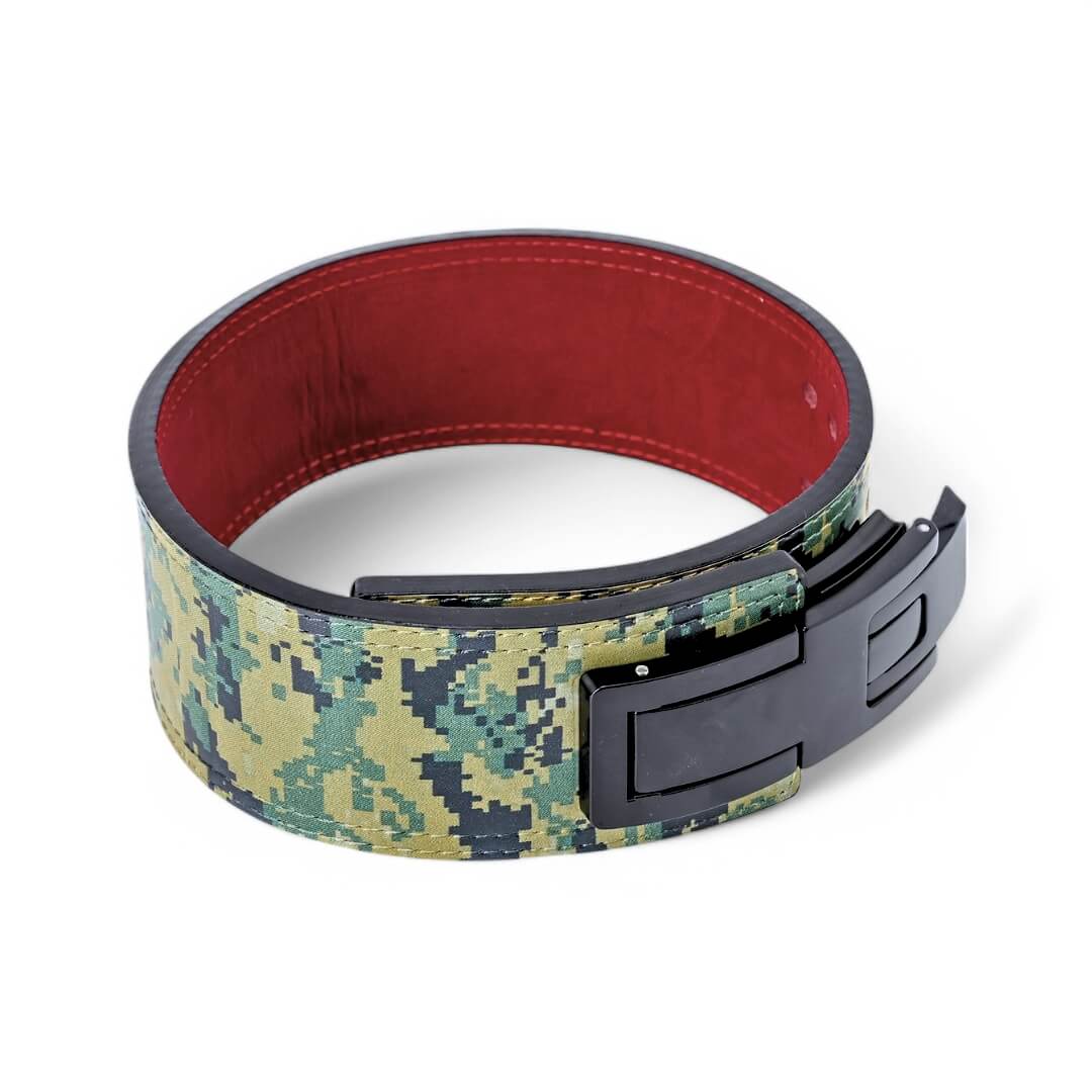 Top view of Woodlands camo Weightlifting Belts on display with black lever buckle | Powerlifting belt featuring adjustable lever buckle.