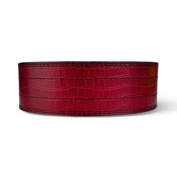 Rear view of burgundy leather weightlifting belt. USAPL approved lever belt for powerlifting.