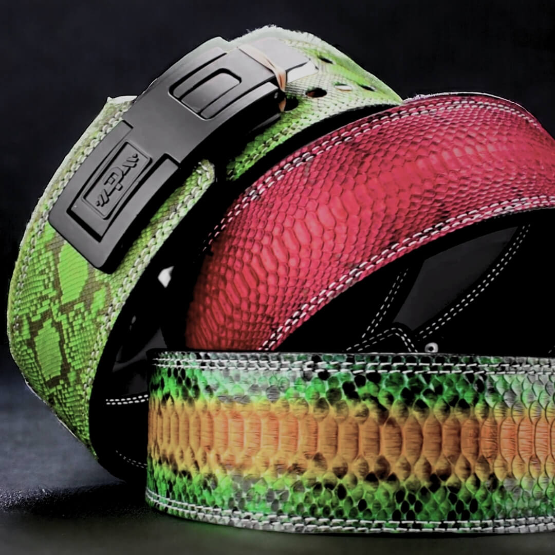 Closed up view for Python Lever Belt. Weightlifting belt with snake like scale offering a premium powerlifting gear