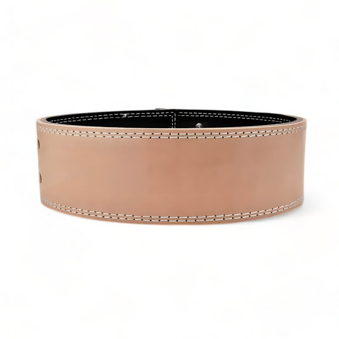 Rear of Sandstorm Lever Belt. Tan leather weightlifting belt for powerlifting. USAPL approved.
