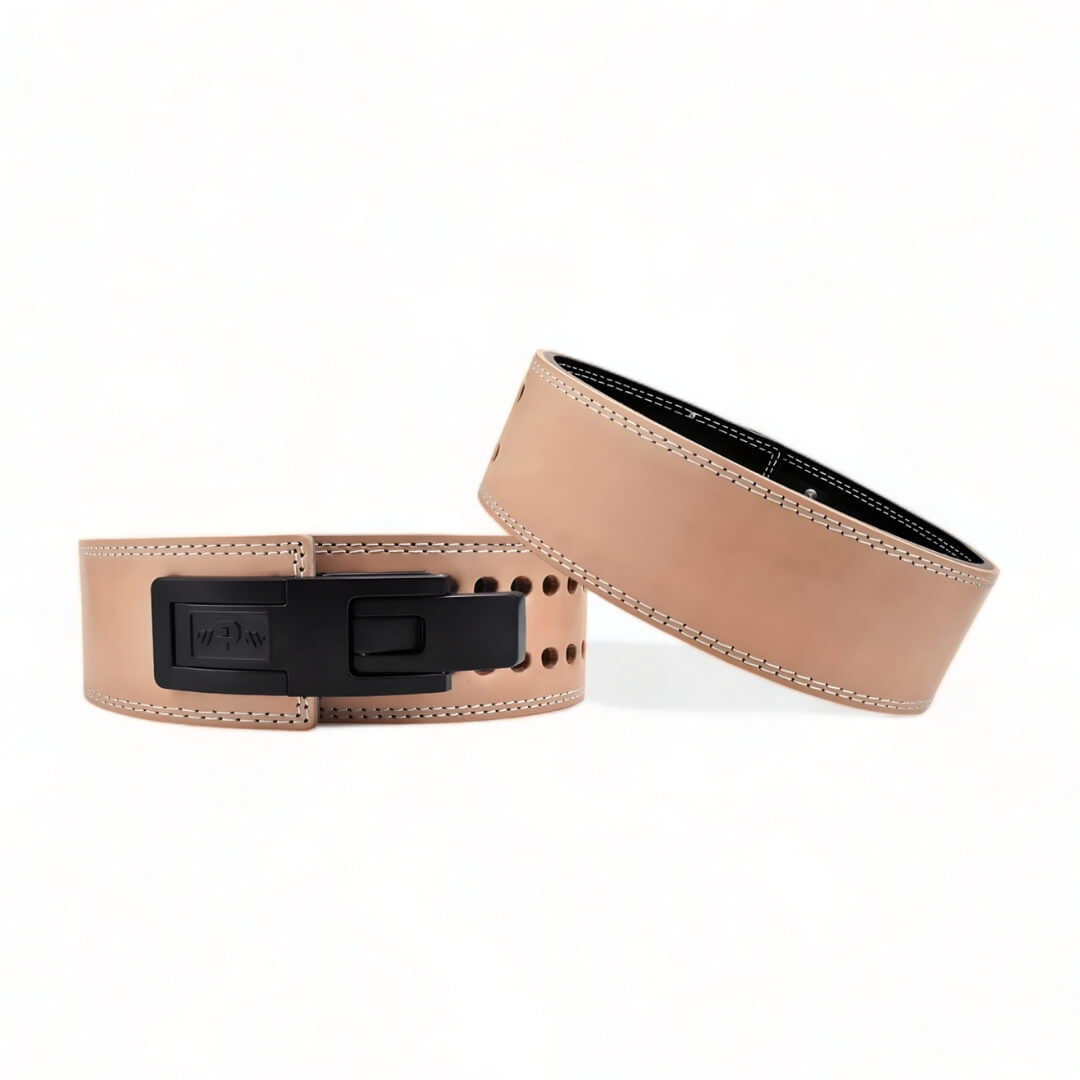 Sandstorm Lever Belt. Tan leather weightlifting belt for powerlifting. USAPL approved.