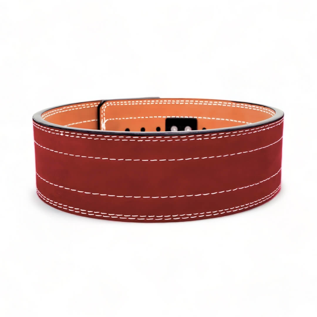 Rear view of red suede pioneer lever belt. USAPL Approved for powerlifting