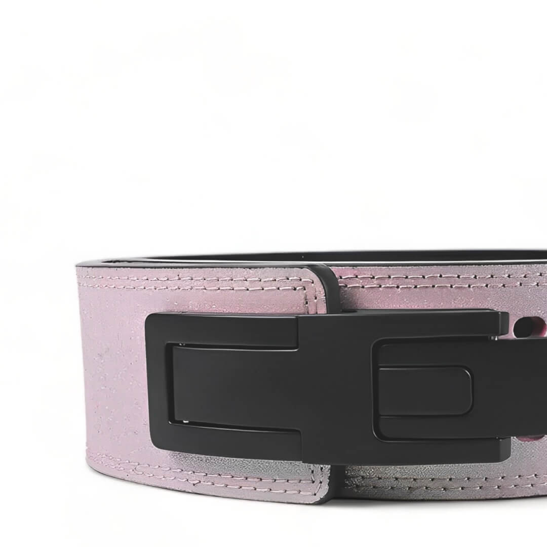 Close up view of pink leather weightlifting belt. USAPL Approved lever belt for powerlifting
