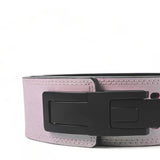 Close up view of pink leather weightlifting belt. USAPL Approved lever belt for powerlifting