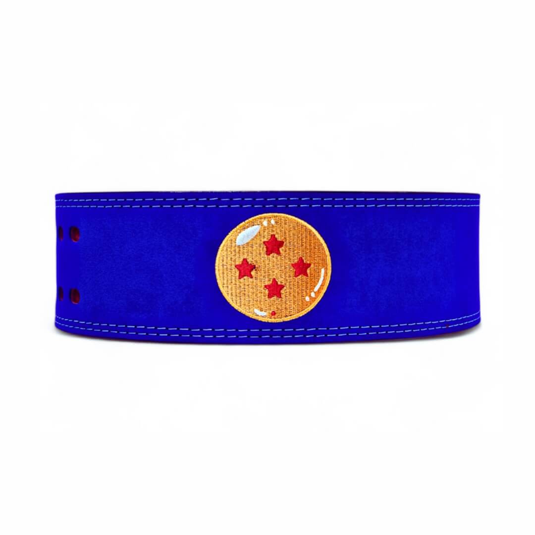 Main view Anime lifting belt with dragonball logo stitched on blue suede exterior