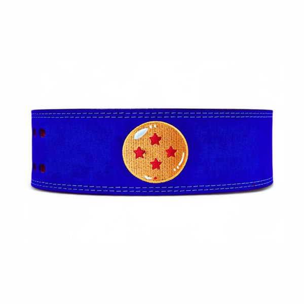 Main view Anime lifting belt with dragonball logo stitched on blue suede exterior