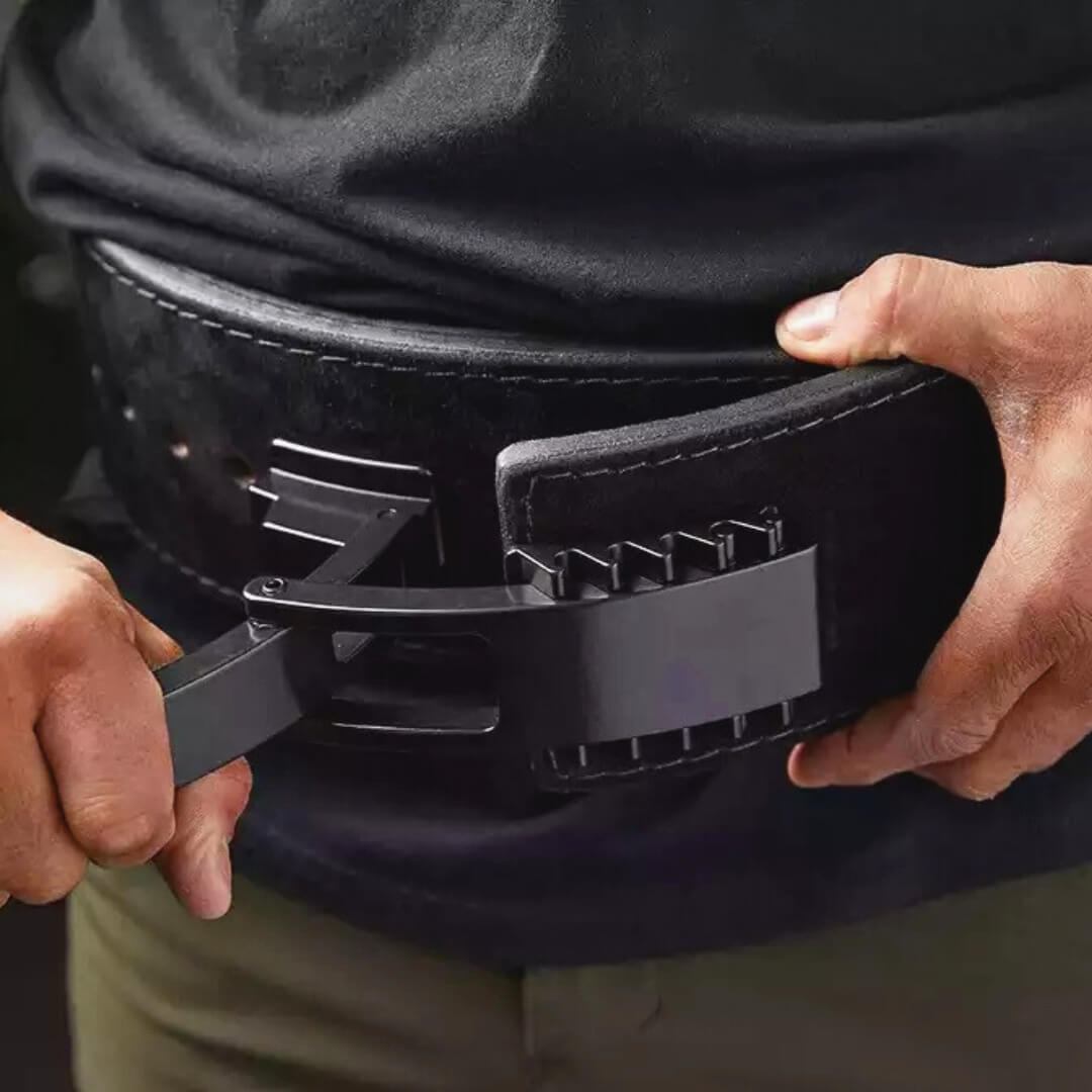 Model with Khan Lever Belt | Leather weightlifting belt | USAPL & USPA Approved