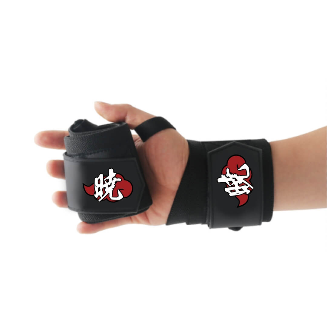 Detail shot of the Akatsuki wrist wraps, highlighting the secure fit and vibrant colors.