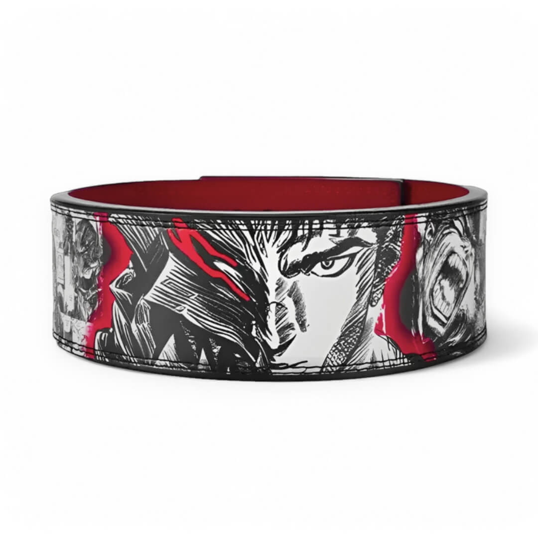 Main image of Berserk Weightlifting Belt on display | anime lifting belt with manga artwork. Built for strength training sports