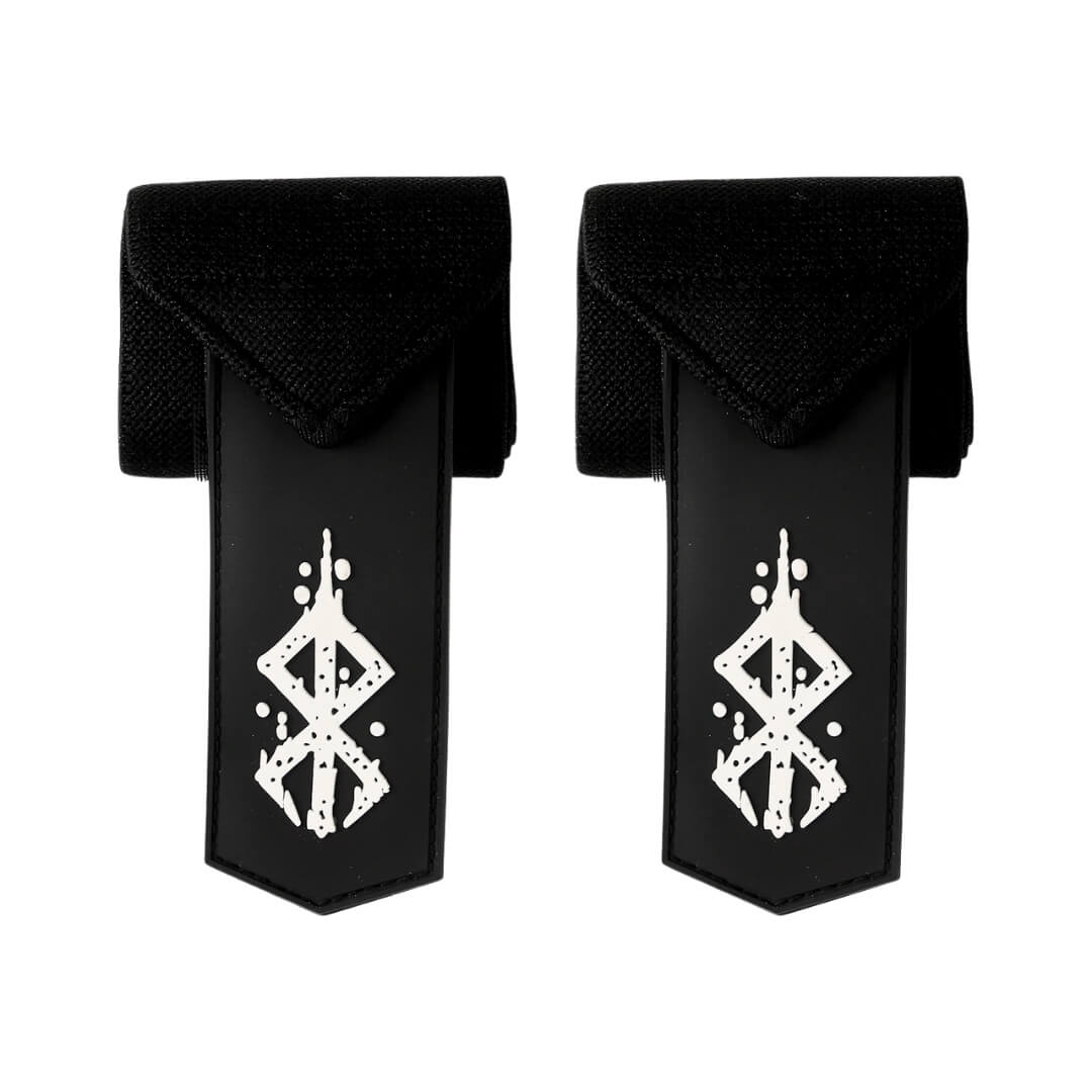 Close Up of Berserk "Warrior" Wrist Wraps On Display. Perfect for weightlifting,and strength training. A unique anime gym gear gift for fitness lovers.