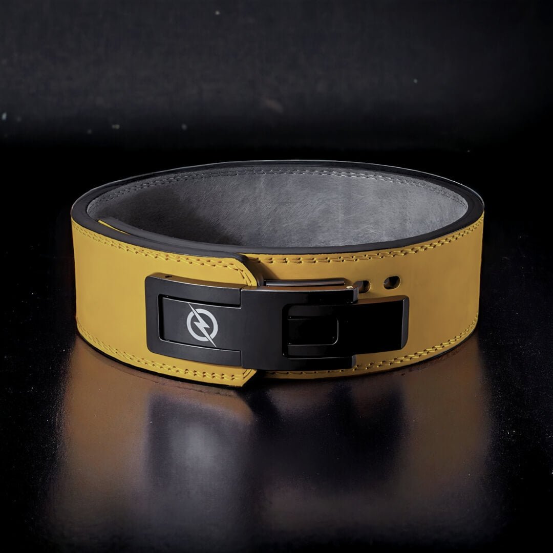 Main image for Yellow leather weightlifting belt. Black lever on powerlifting belt