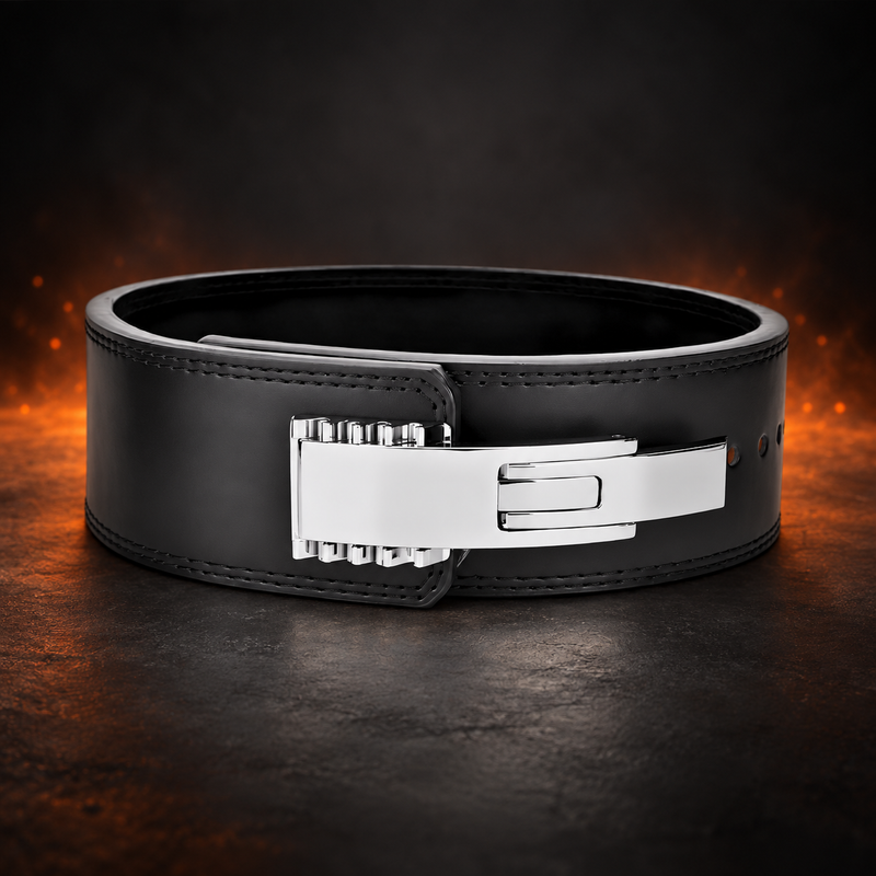 Front view of the Silverstar 10mm lever belt, polished black leather with black stitching and a chrome lever buckle