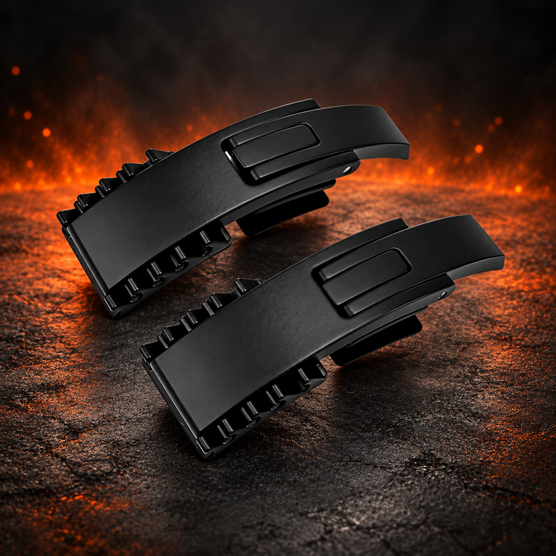 Two matte black Modular Adjustable Levers lying closed side by side, each a replacement lever buckle with toothed hooks