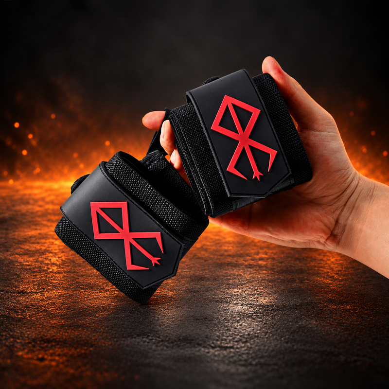 Hand holding the Sigil wrist wraps, a black pair with a raised red sigil on each closure tab