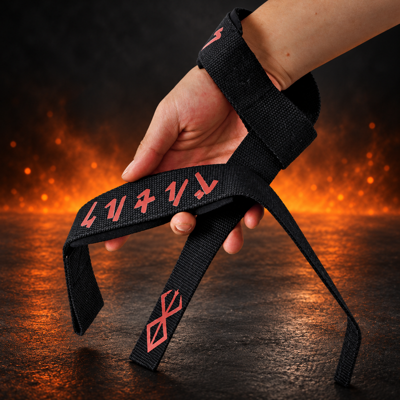 Hand wrapped in the Rune lifting straps, black webbing with red angular script on the pad and a red three-point mark