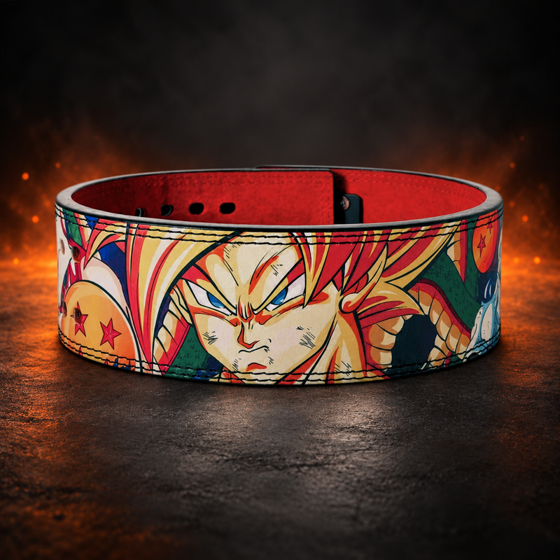 Back view of the full-color printed lever belt, a golden-haired fighter between orange star orbs and a green dragon