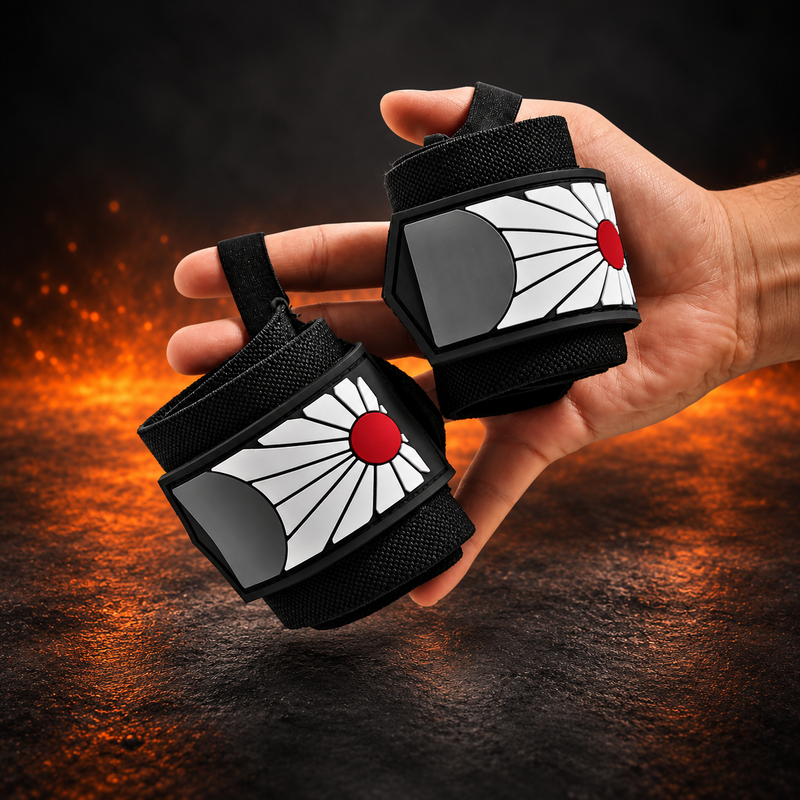 Pair of Hanafuda wrist wraps held in one hand, rolled black wraps with a red sun and white rays on each end tab