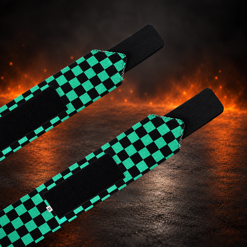 Ichimatsu wrist wraps being fastened on a lifter's wrist, green and black checkerboard with a black thumb loop