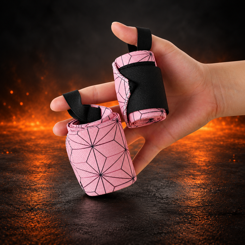 Rolled pair of Asanoha powerlifting wrist wraps held in one hand, pale pink with a dark hemp-leaf star lattice