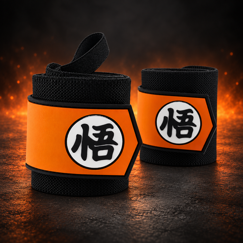 Orange Wisdom wrist wraps held in the hand, black wraps with a pointed orange panel and a black kanji in a white circle