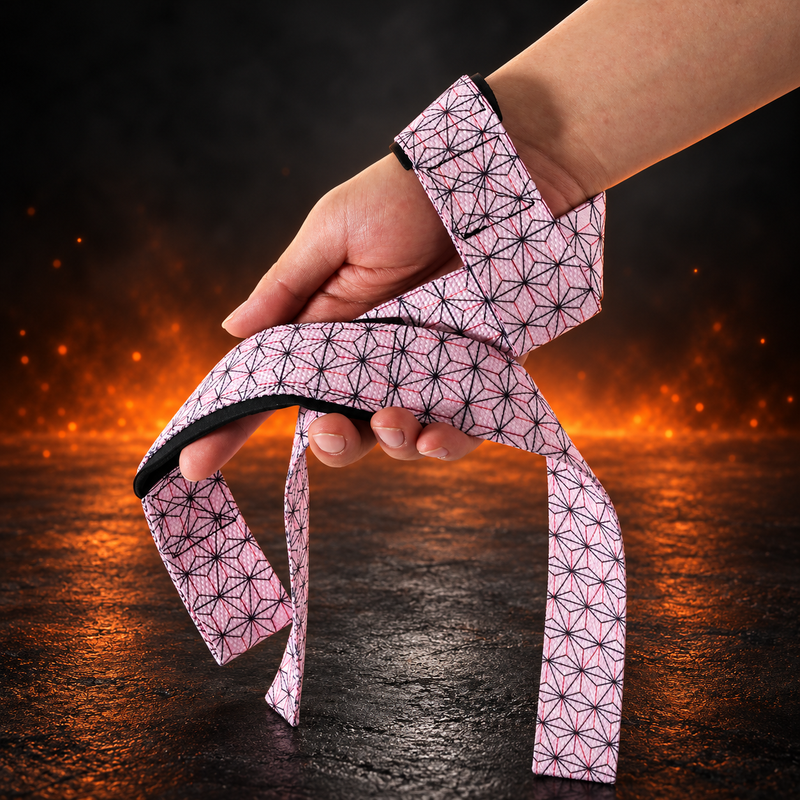Wrist view of the Asanoha lifting straps looped over the hand, pale pink webbing with black six-point hemp-leaf stars