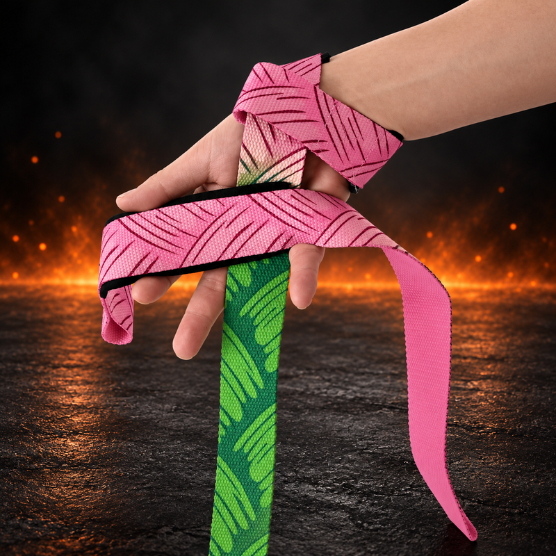 Wakaba lifting straps wrapped on a wrist and hand, pink loop with dark red strokes fading into a green leaf tail