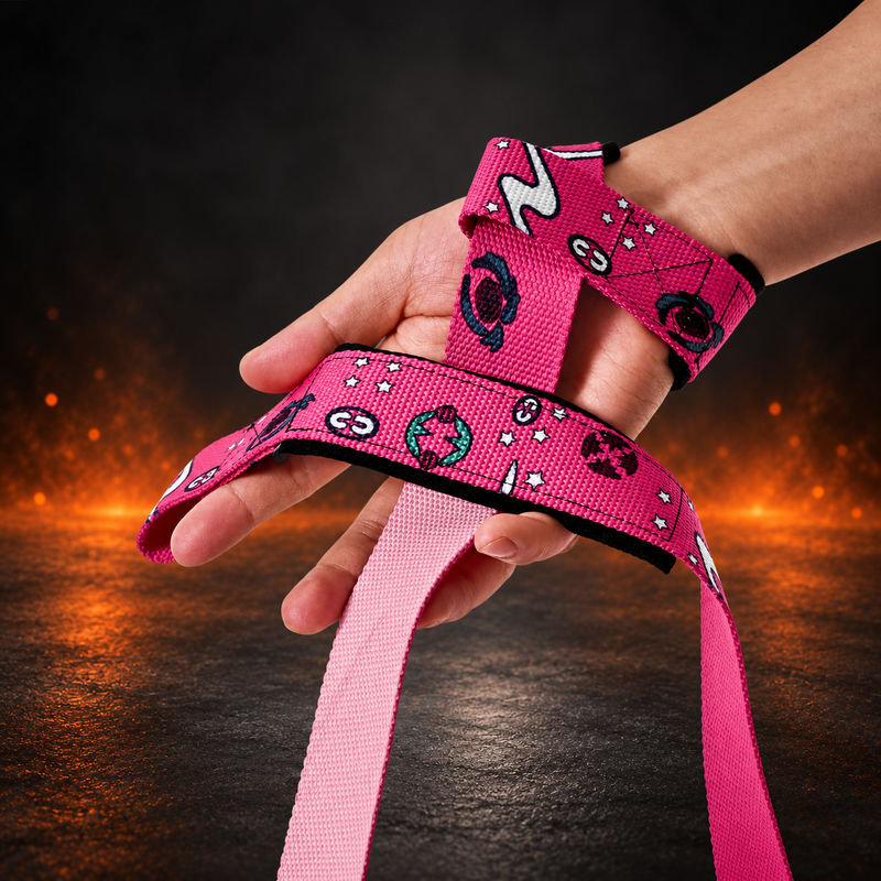 Both Kamon lifting straps looped over a hand, dark crests and white stars on hot pink running into a pale pink tail
