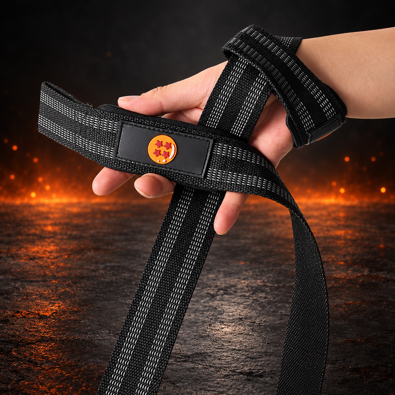 Hoshi lifting straps worn on the hand, black webbing with gray grip stripes and an orange four-star orb on a black patch