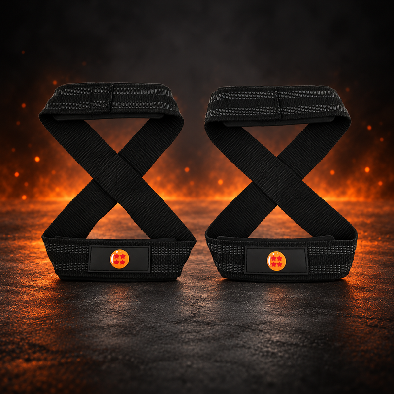 Front view of the 4-Star figure 8 lifting straps, a black pair with an orange four-star orb patch on each loop