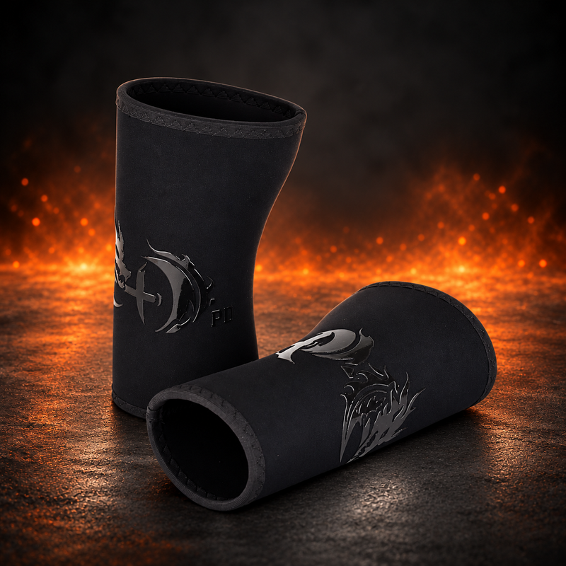 Pair of ShadowPRO 7mm knee sleeves, one standing and one on its side, with a glossy black dragon on matte black