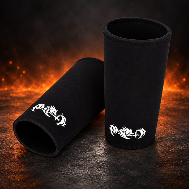 7mm stiff knee sleeves in black with white dragon emblems, one upright and one on its side.