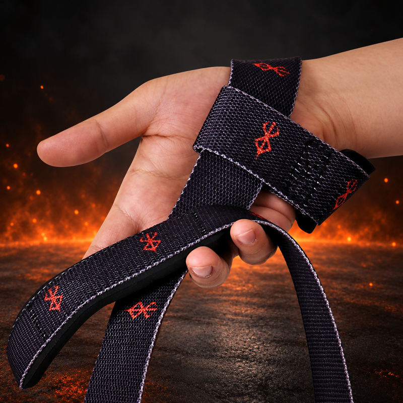 Black lifting straps with red dark sigil print