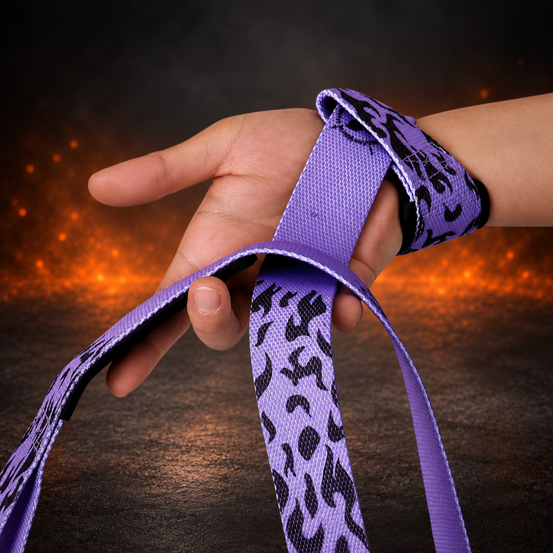 Cursed lifting straps looped around a lifter's wrist, lavender webbing printed with black flame marks