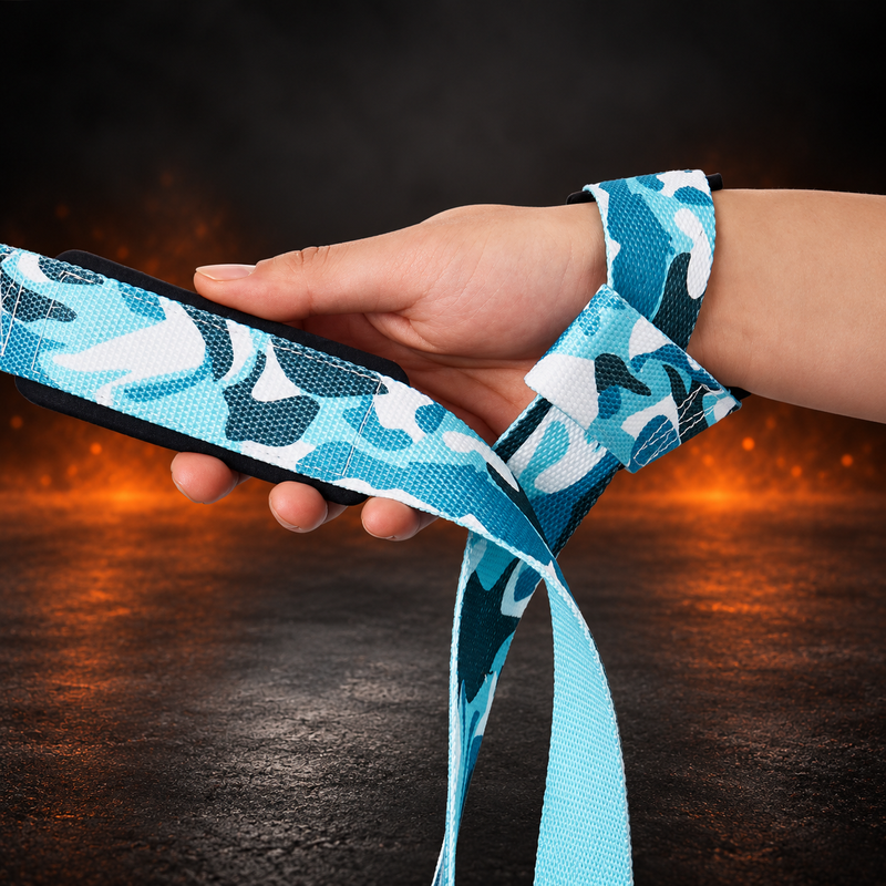 Wrist view of the Deep Blue lifting straps, turquoise, deep teal and white camo with black padding under the palm