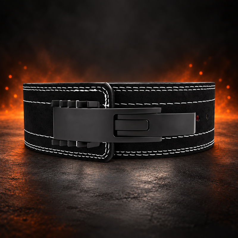 Front view of the Forge 10mm lever belt in black suede with double rows of white stitching and a matte black lever