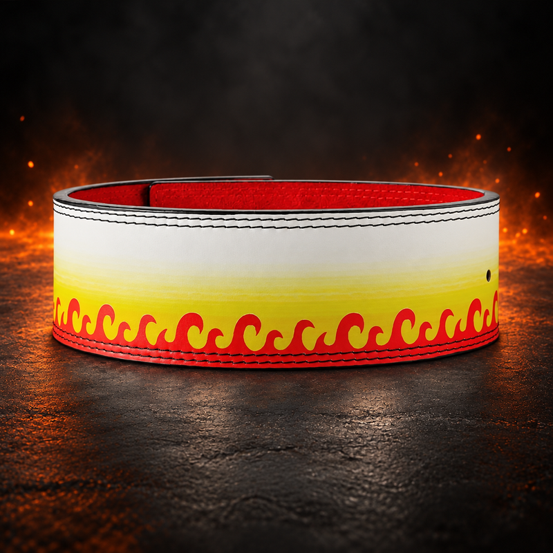 Back view of the Kaen lever belt, white leather fading into yellow with a row of curling red flames along the bottom