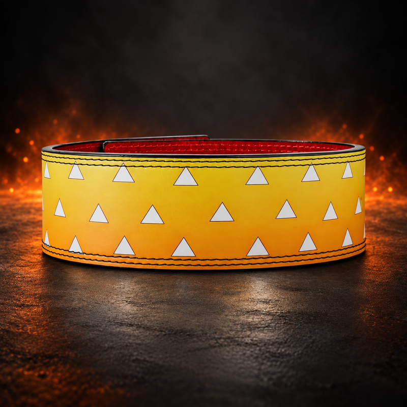 Back view of the Uroko lever belt, rows of white triangles on yellow deepening to orange with a red inner lining