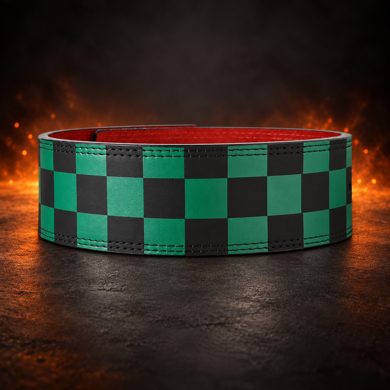 Back view of the Ichimatsu lever belt, green and black checks three squares deep with a red inner lining