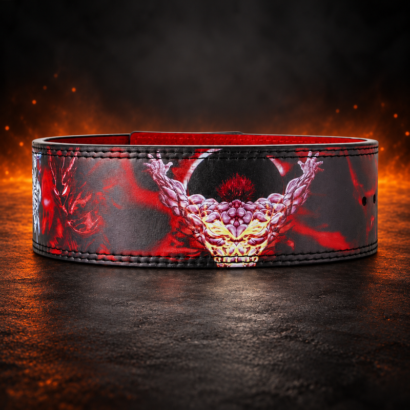 Powerlifting lever belt printed with a flexed back forming a demon face in red smoke, back view.