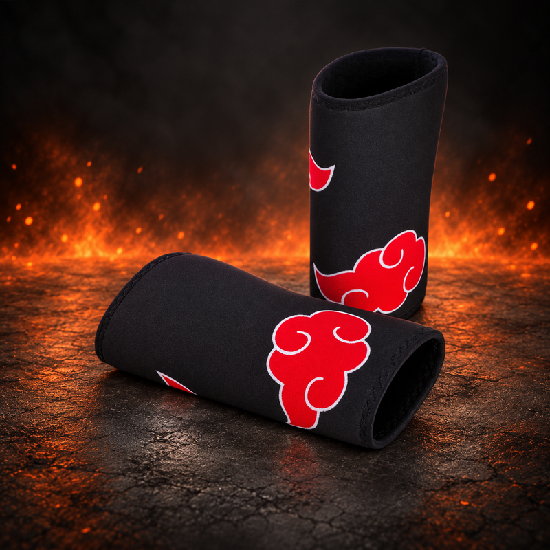 Angled pair view of the Dawn Xtra-Stiff 7mm knee sleeves, black neoprene with large red clouds outlined in white
