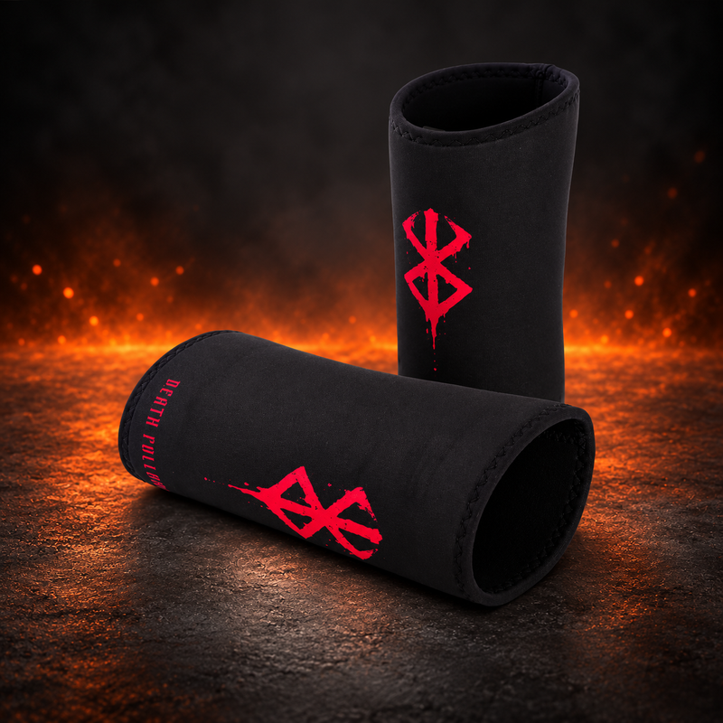 Pair of Sacrifice 7mm knee sleeves in black, one standing and one on its side, each with a dripping red sigil