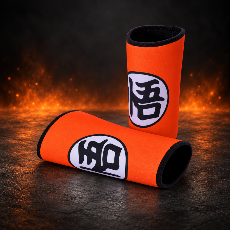 Orange 7mm neoprene knee sleeves with Japanese kanji
