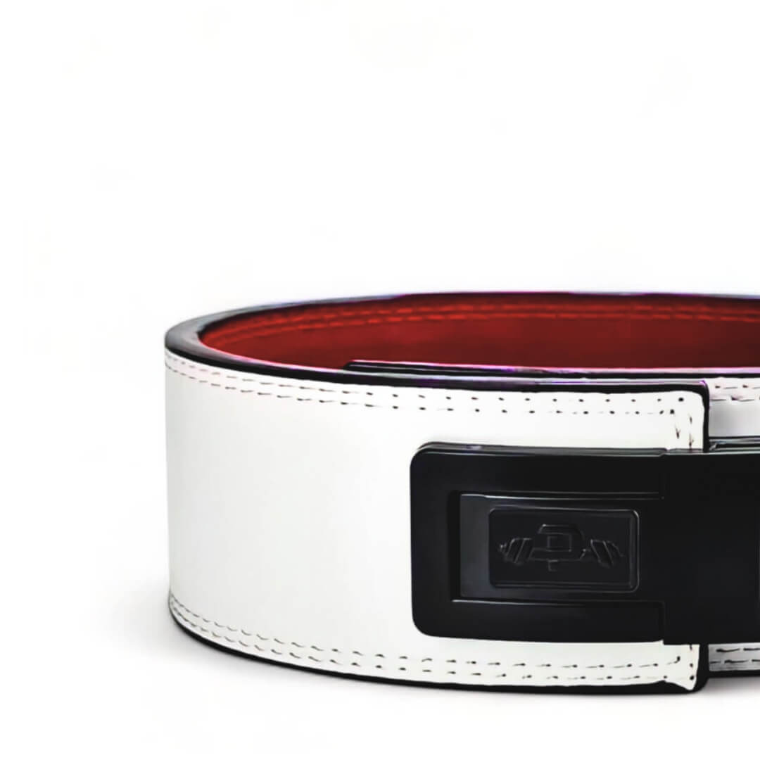 Close up view of white leather weightlifting belt. USAPL approved Lever belt for powerlifting.