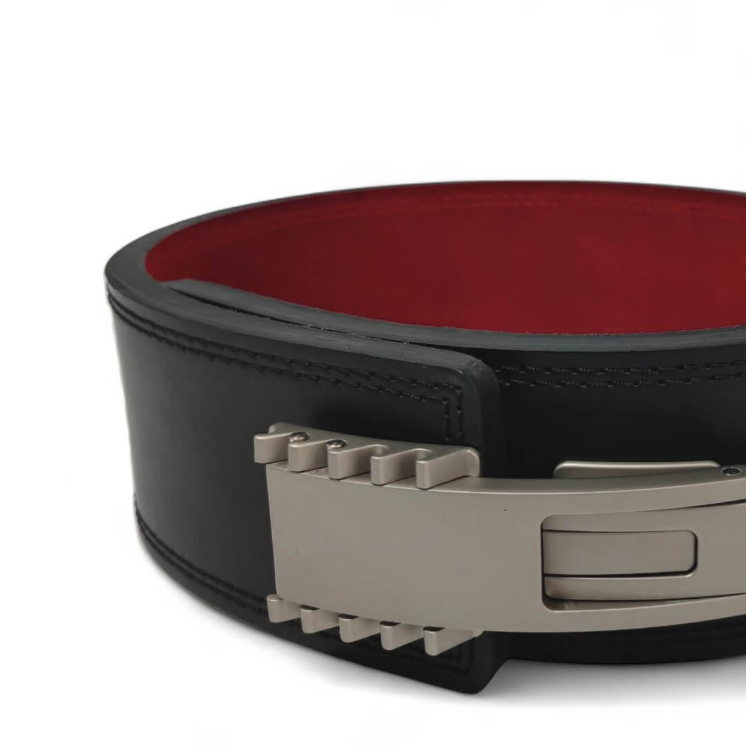 Close up view of Khan Lever Belt | Leather weightlifting belt | USAPL & USPA Approved