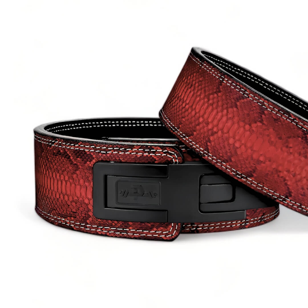 Ruby Red Lever Belt. Weightlifting belt with snake like scale offering a premium powerlifting gear