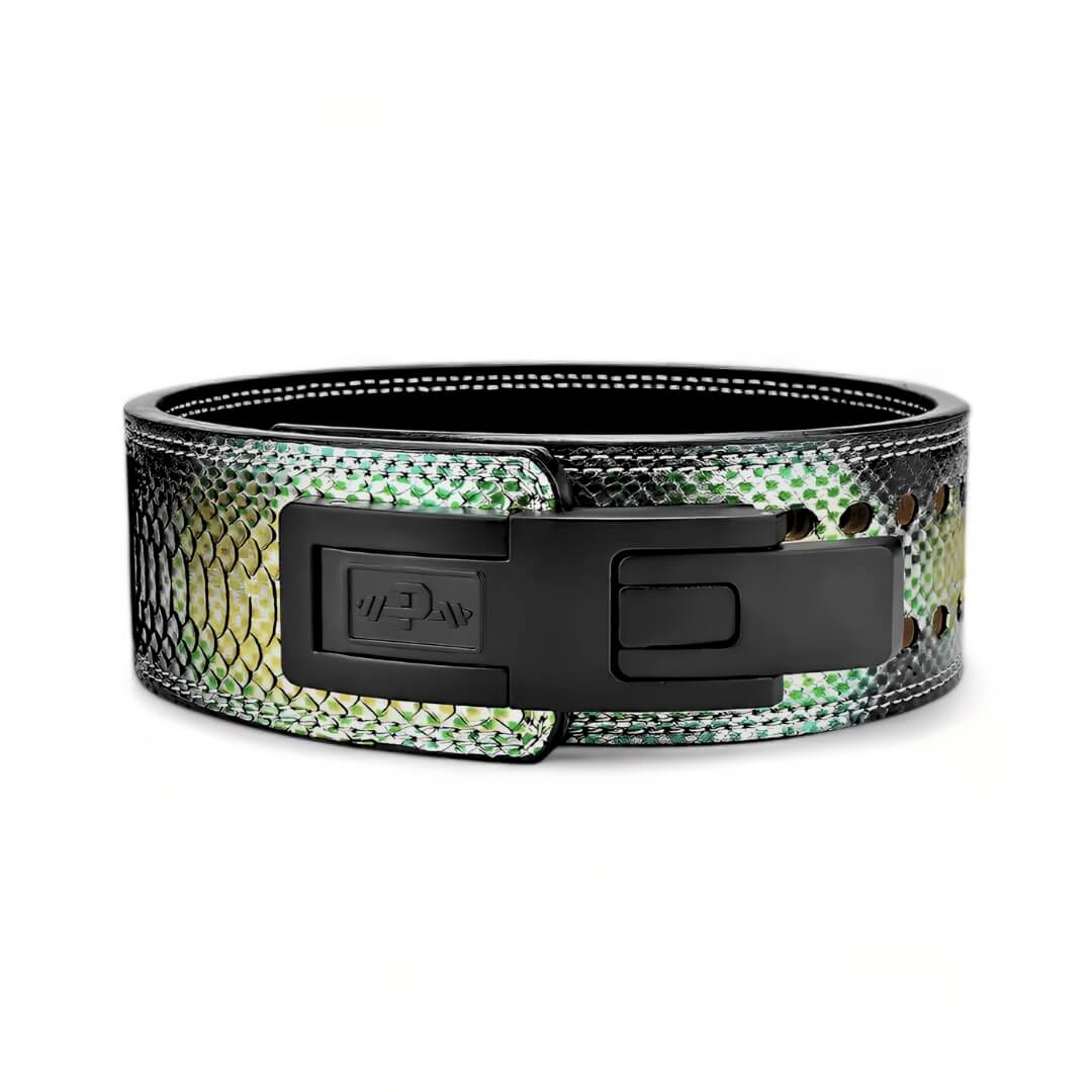 Cow Print Lever Belt. Weightlifting belt with snake like scale offering a premium powerlifting gear