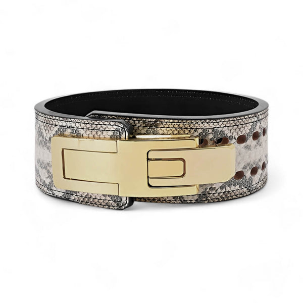 Main image of Rattlesnake weightlifting belt | Snake skin lever belt with texture with a gold lever buckle.