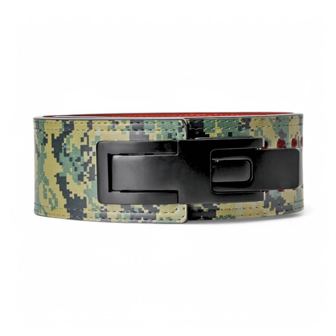 Main camo Weightlifting Belt on display with black lever buckle | Powerlifting belt featuring adjustable lever buckle.