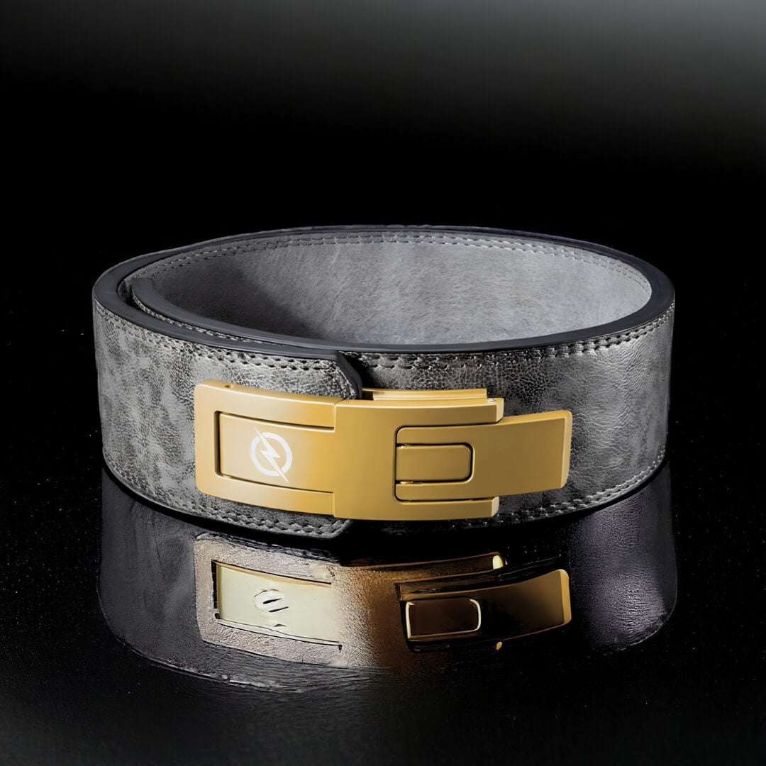Main image for Shadow Gray lever belt. Gray leather weightlifting belt with gold lever.